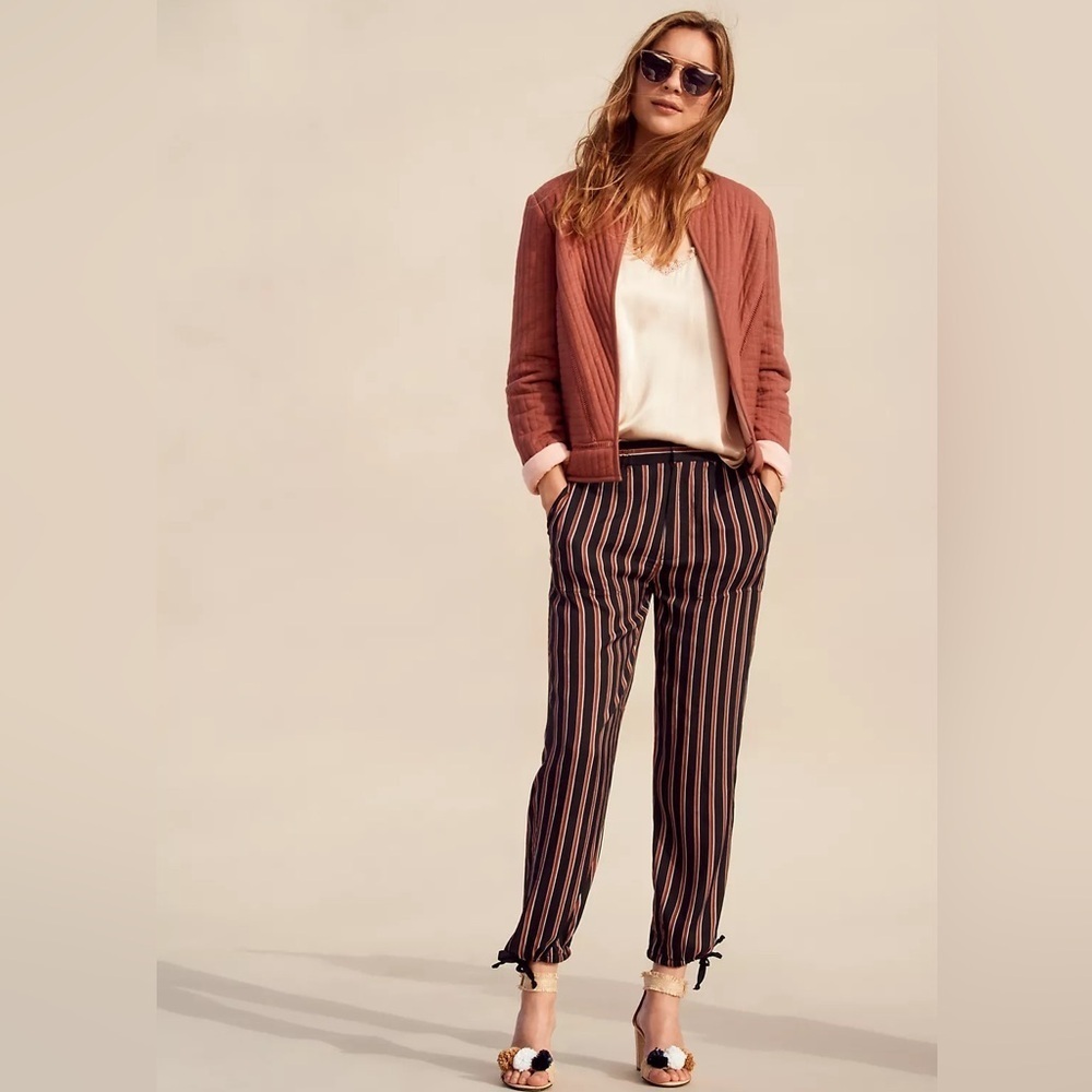 Athropologie Striped Joggers Black w/Rust and Cream Stripes Tied Hems Med